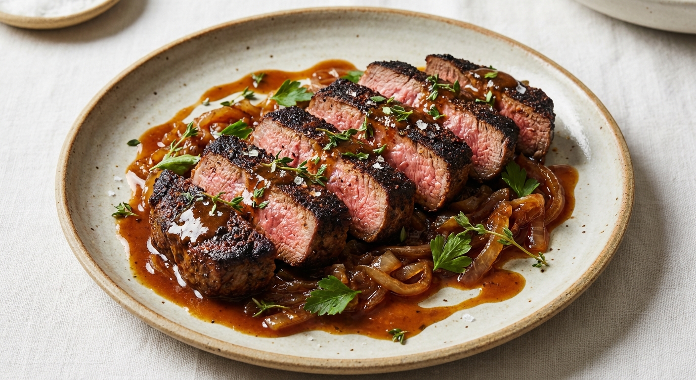 Smoky-Spiced Pan-Seared Beef Strips with Caramelized Onions & Pan Sauce