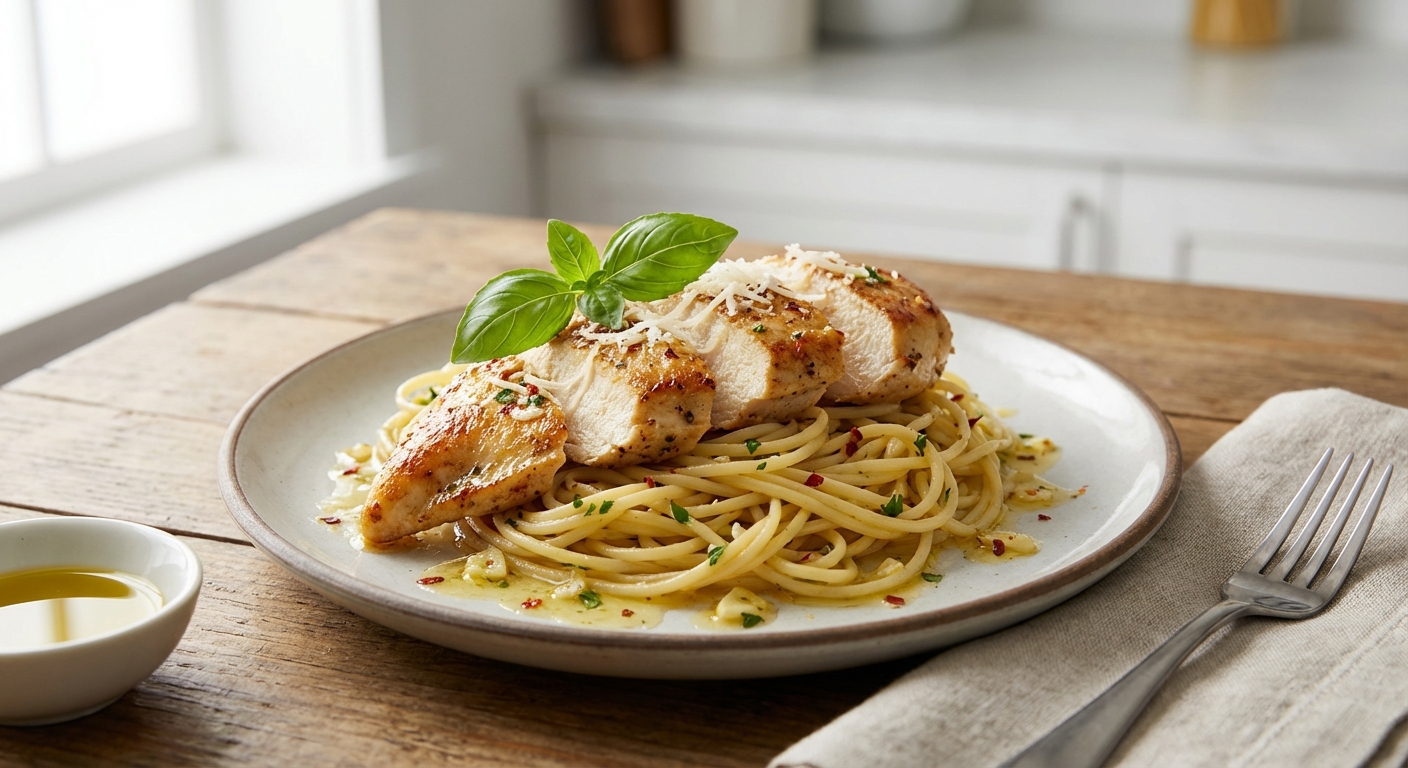 Garlic-Butter Pan-Seared Chicken Aglio e Olio with Pasta