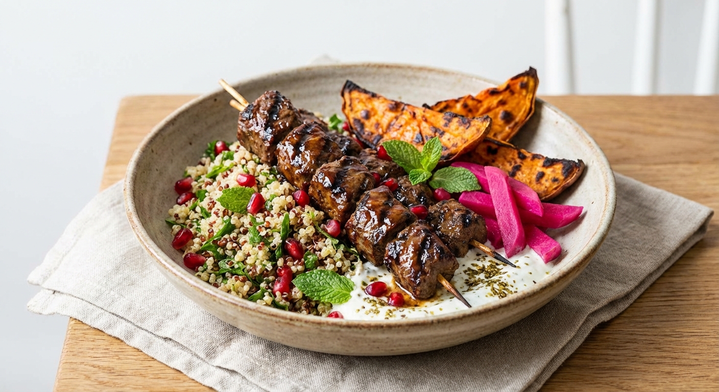 Beef Kebab Bowl with Roasted Sweet Potato & Pickled Turnips