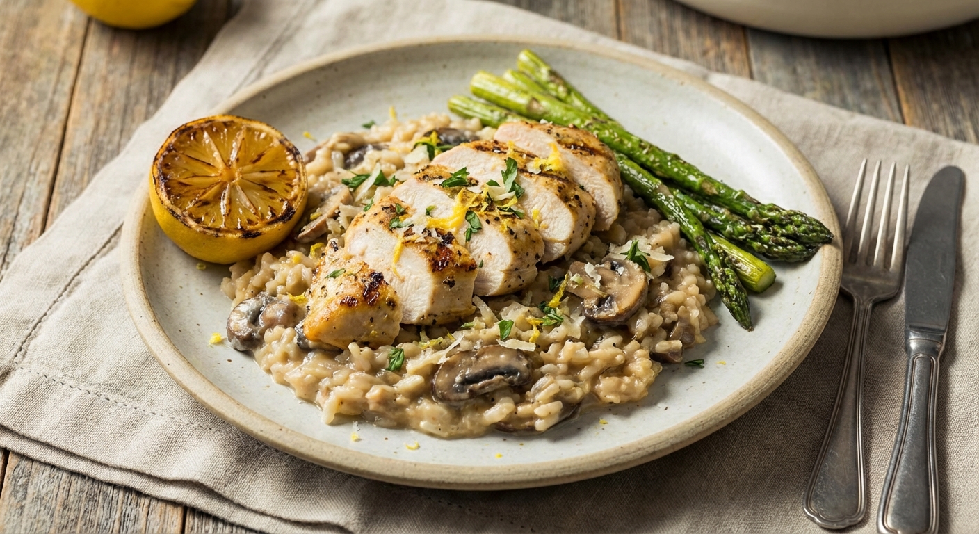 Mushroom Risotto with Grilled Lemon Chicken