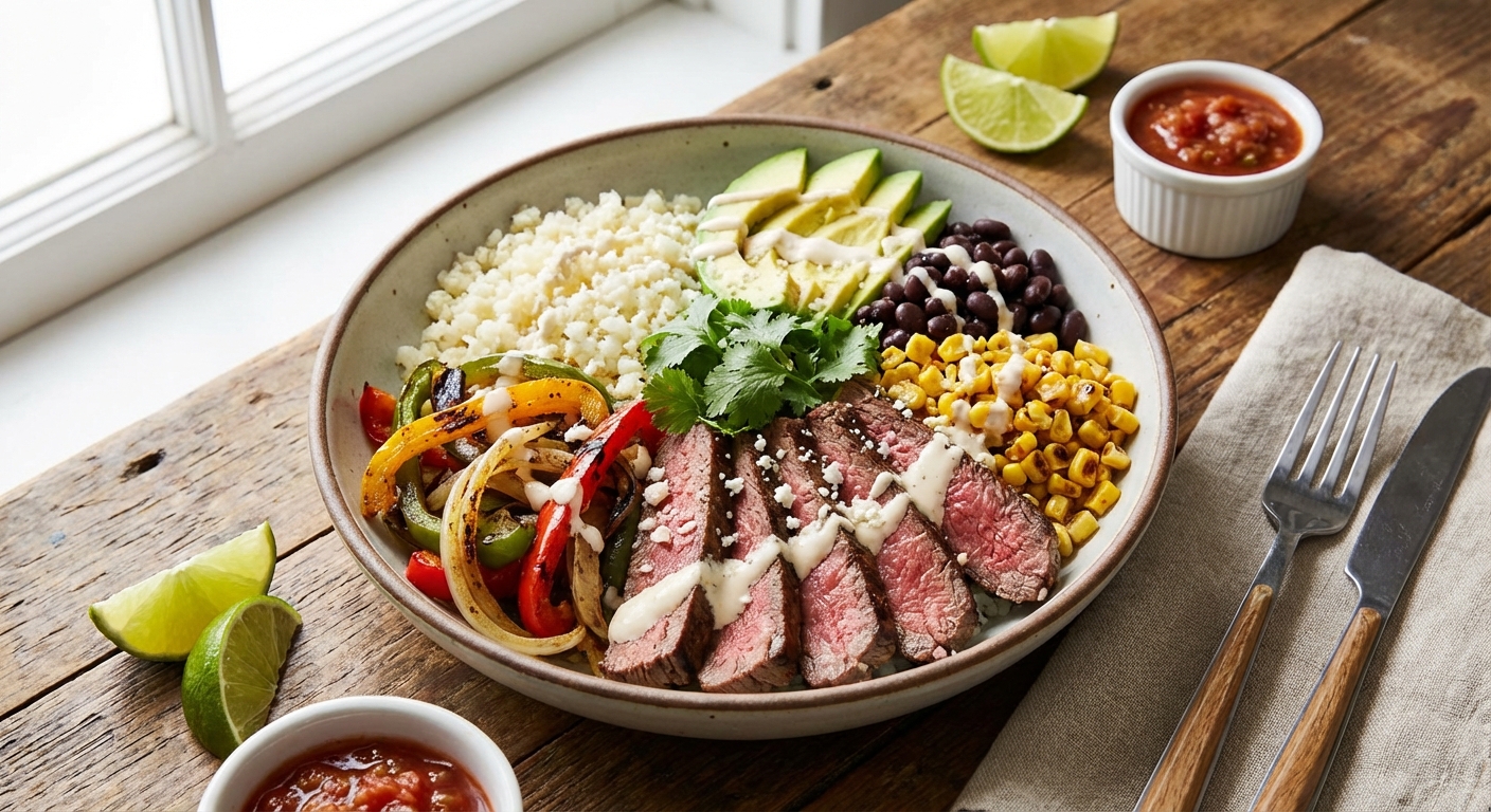 Steak Fajita Bowls with Cauliflower Rice & Avocado