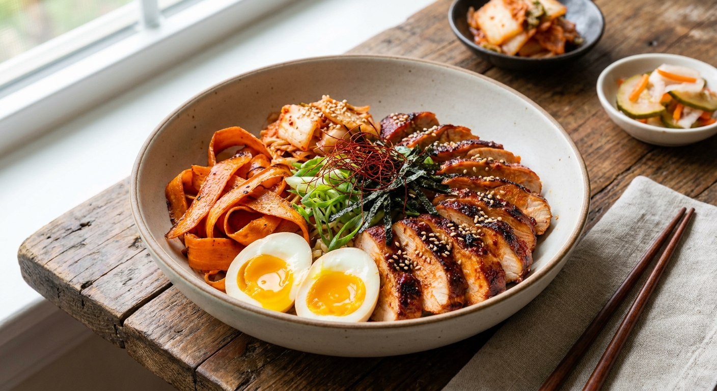 Korean-Style Seared Chicken & Carrot Bowl with Soft Eggs (High-Protein, Low-Calorie)