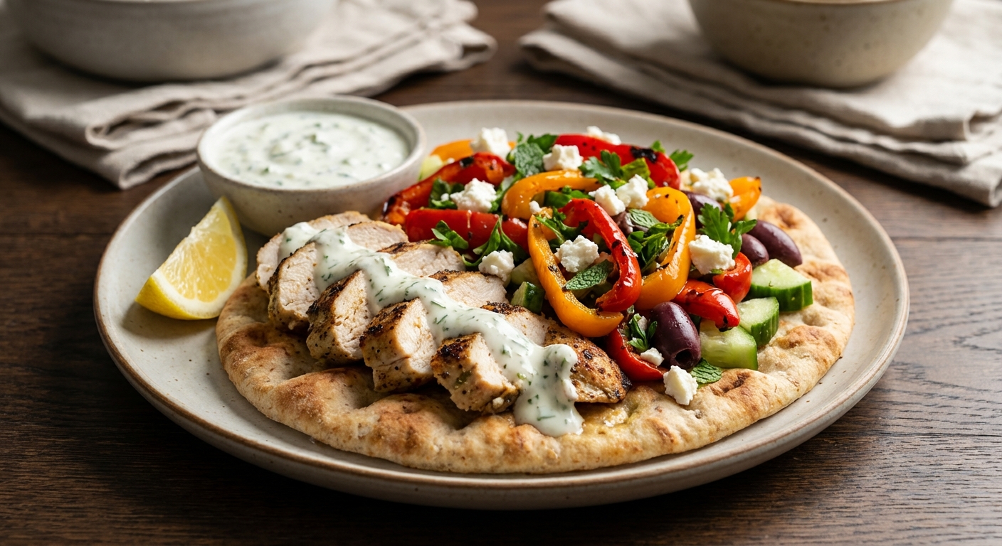Grilled Lemon-Herb Chicken Shawarma on Gluten-Free Flatbread with Charred Pepper & Feta Salad