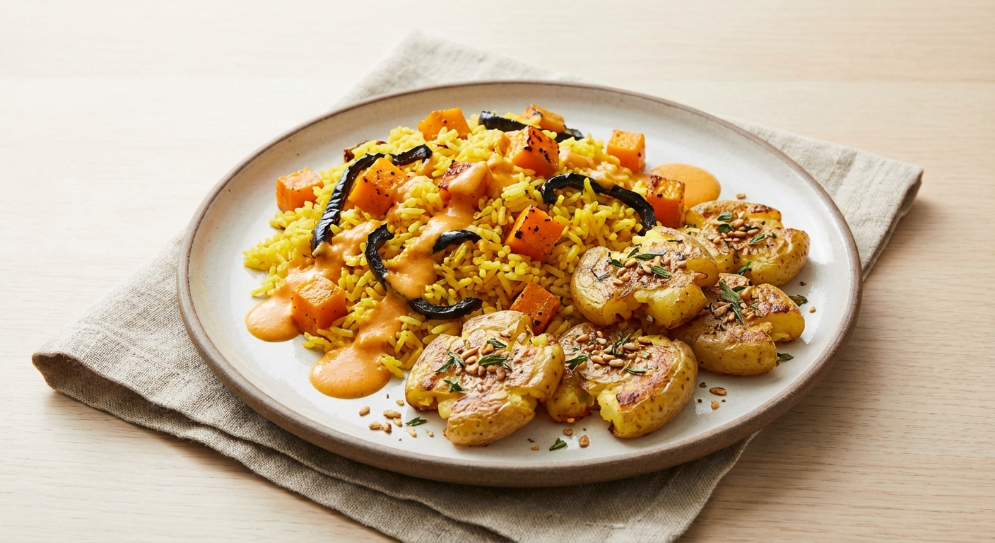 Roasted Butternut & Charred Pepper Rice with Carrot-Milk Velouté and Crispy Smashed Potatoes