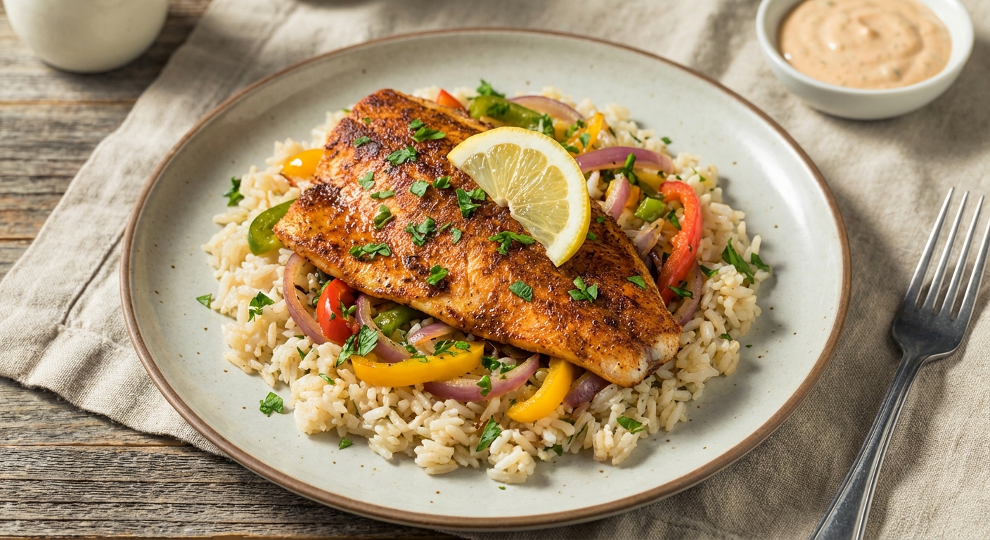 Cajun Fish with Pepper and Onion Rice