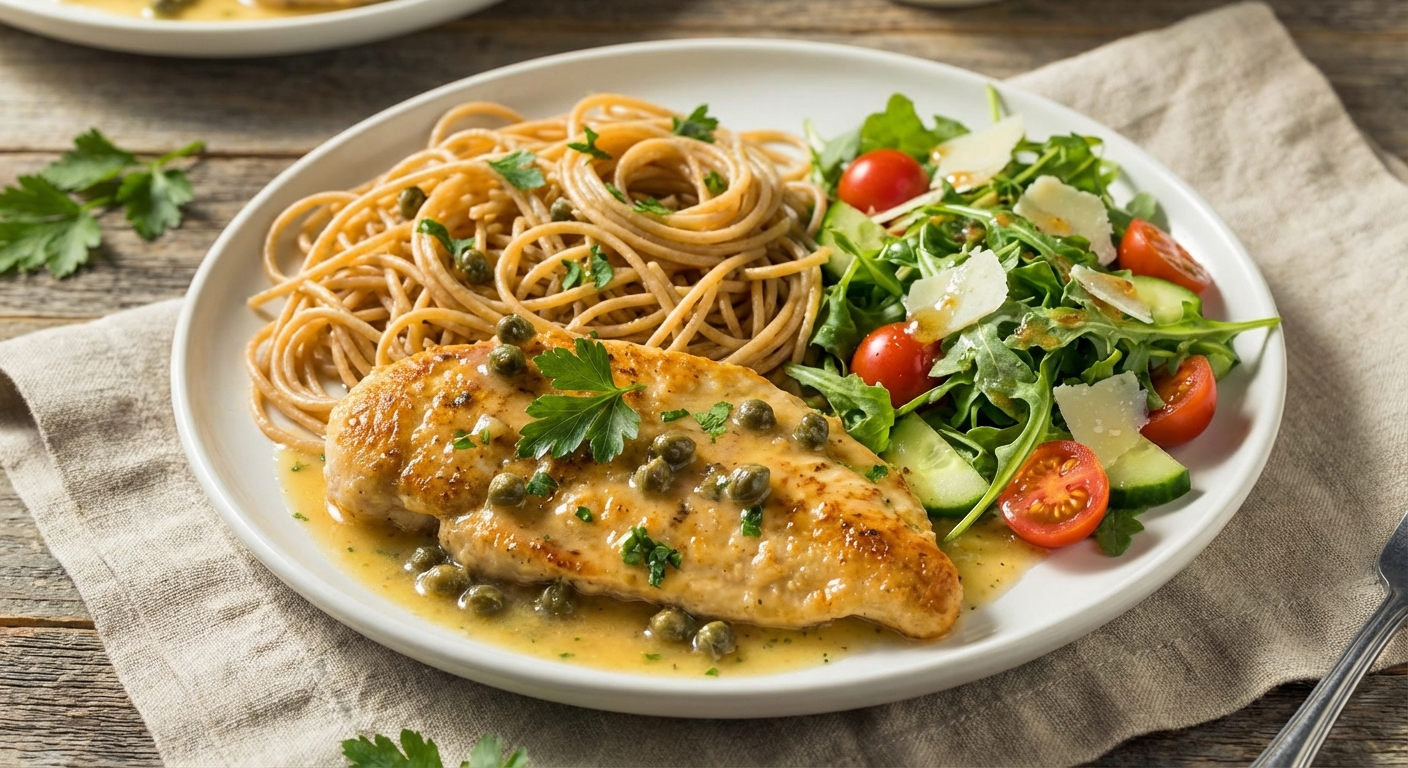 Chicken Piccata with Whole-Grain Spaghetti & Side Salad