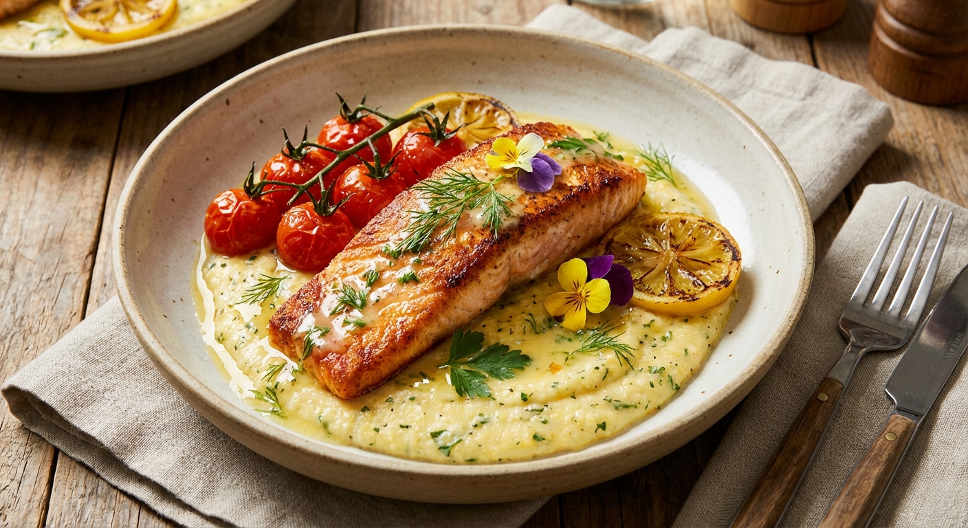 Pan-Seared Salmon with Lemon, Cherry Tomatoes, and Quick Polenta