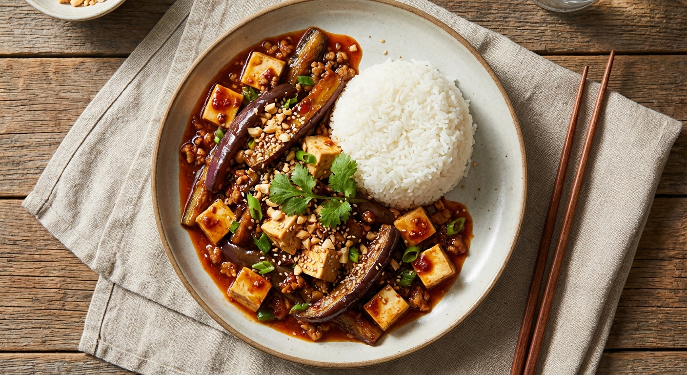 Sichuan-Style Garlic Eggplant & Tofu with Jasmine Rice