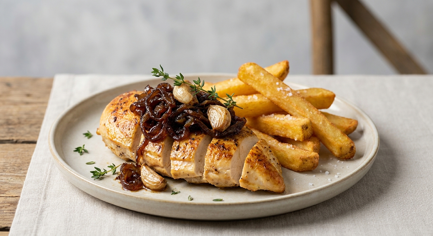 Pan‑Roasted Chicken Breast with Twice‑Cooked Hand‑Cut Fries and Caramelized Onion & Garlic