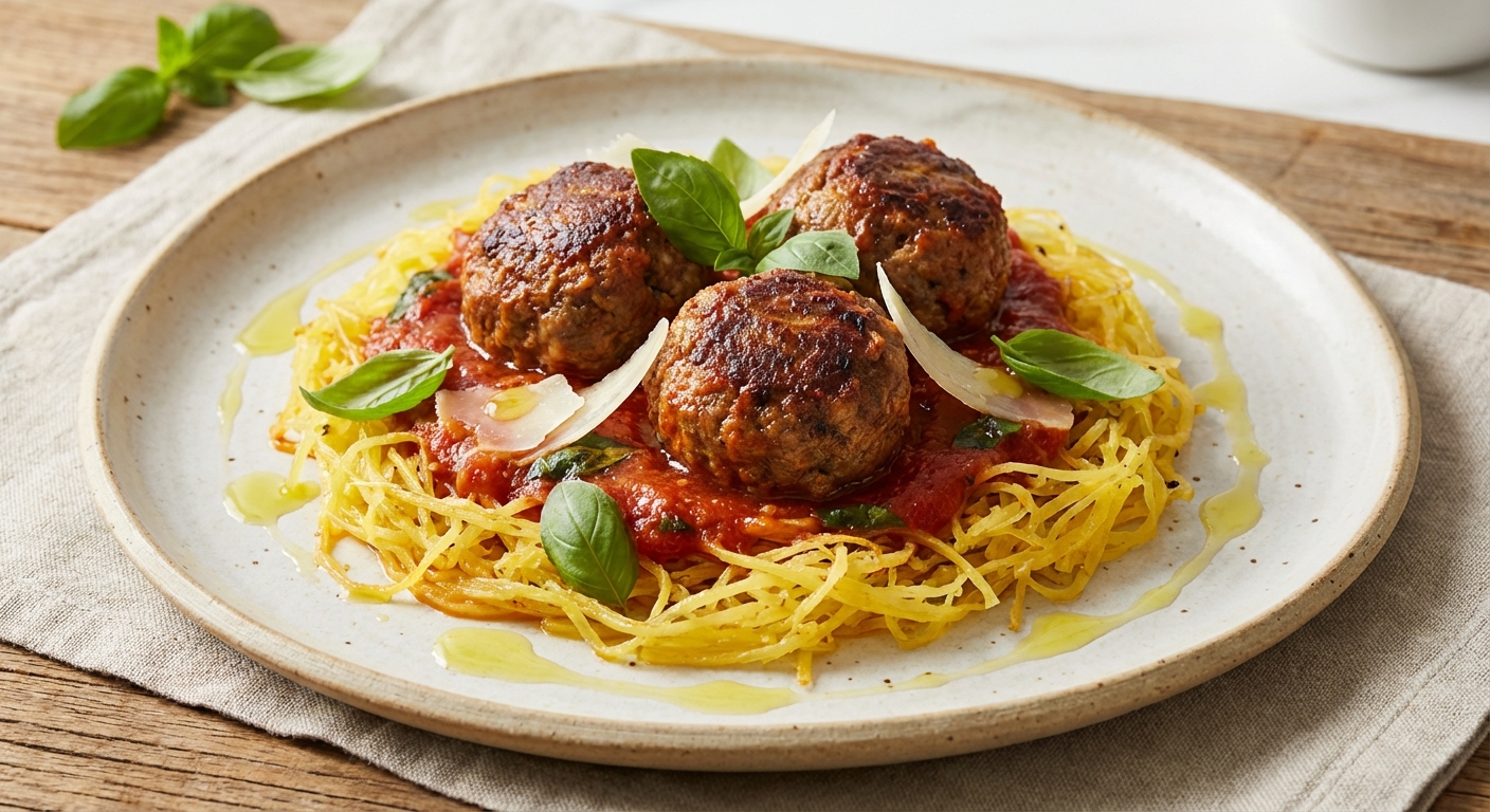 Paleo Meatballs in Tomato‑Basil Sauce over Spaghetti Squash