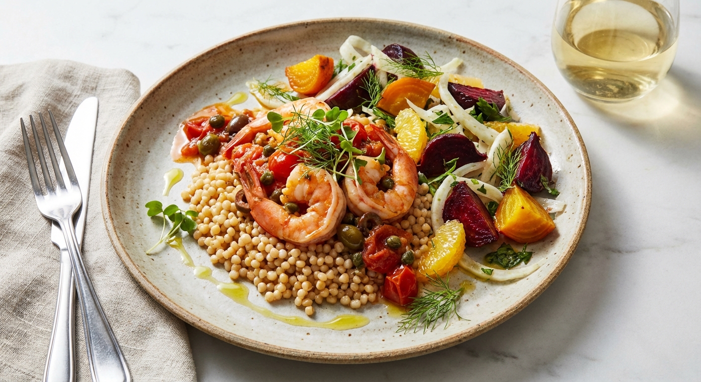 Citrus-Poached Shrimp Veracruz over Toasted Lebanese (Pearl) Couscous with Roasted Beet & Fennel Salad