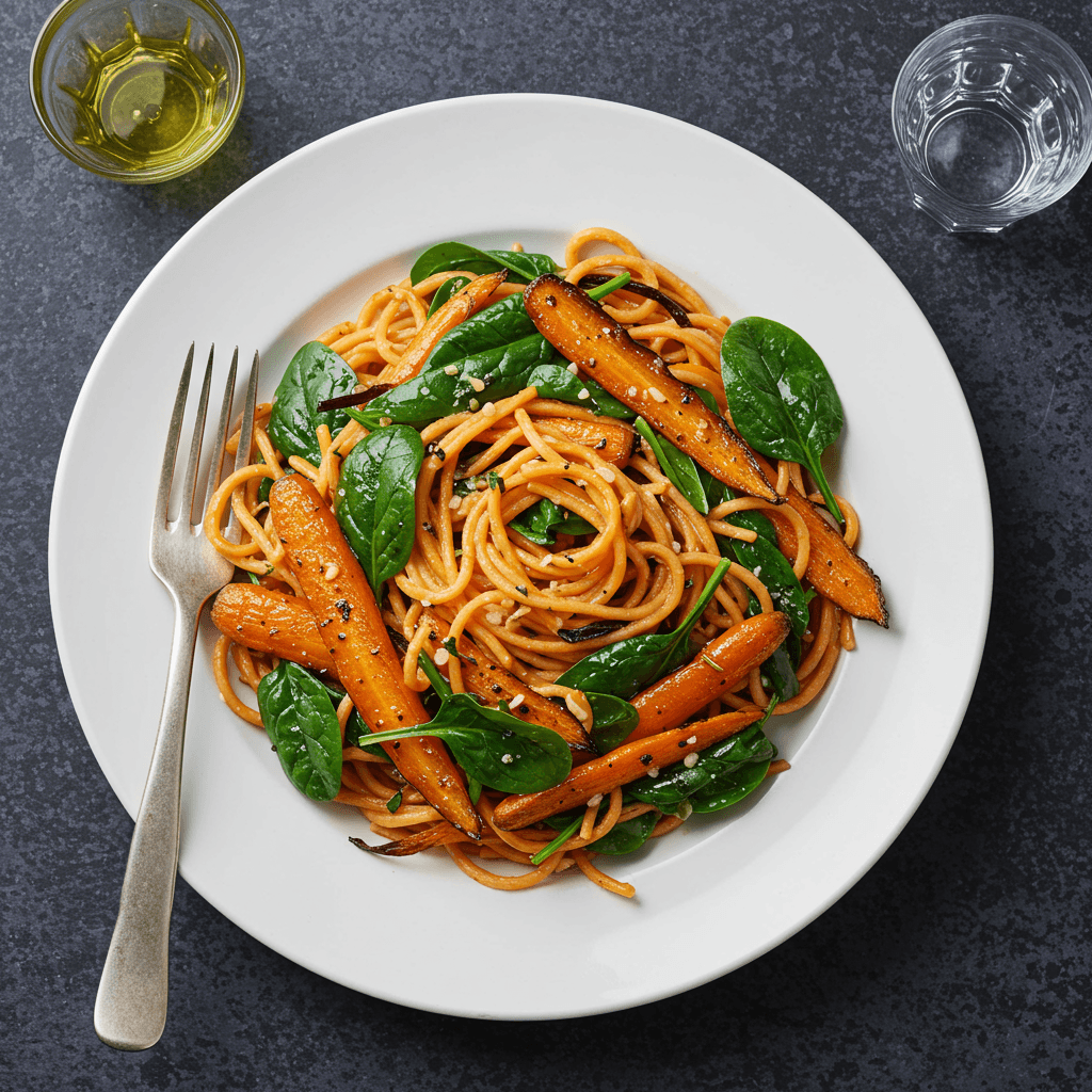 Spinach and Roasted Carrots Noodles - Delicious Homemade Recipe