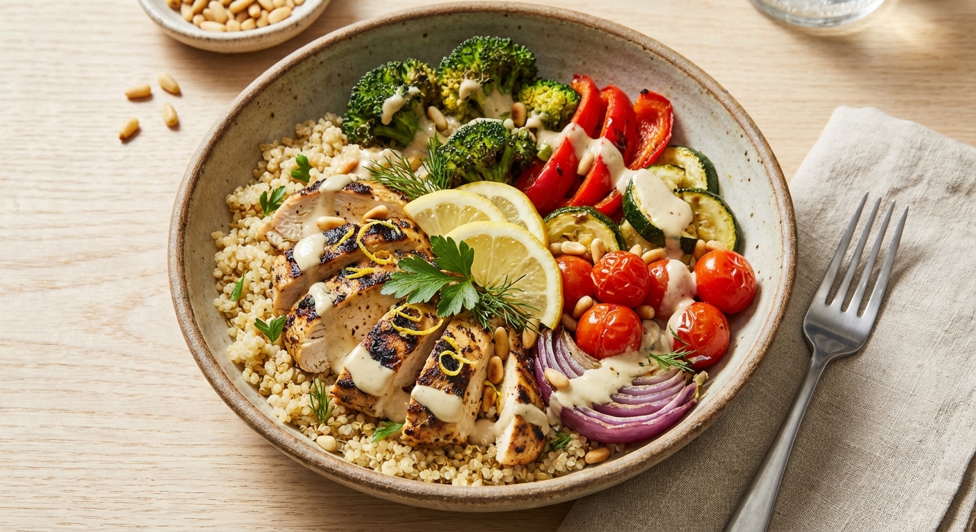 Grilled Lemon-Chicken Quinoa Bowl with Roasted Vegetables & Tahini-Lemon Dressing