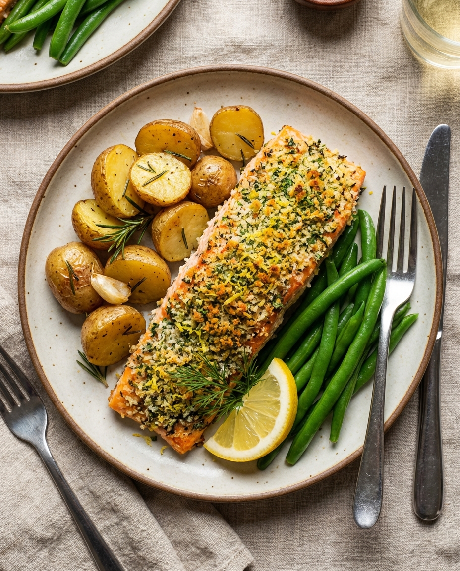 Baked Herb-Crusted Salmon with Roasted Baby Potatoes and Steamed Green Beans