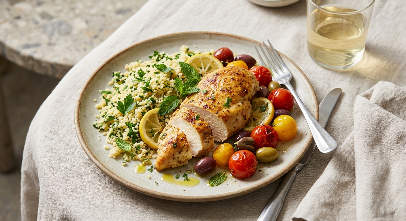 Mediterranean Lemon Chicken with Roasted Cherry Tomatoes, Olives & Herbed Couscous