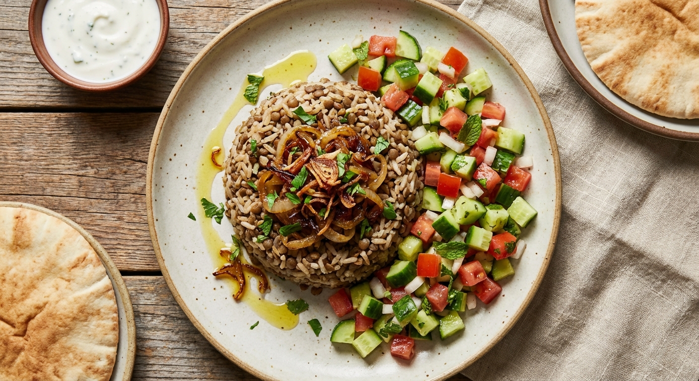 Mujaddara with Cucumber-Tomato Salad