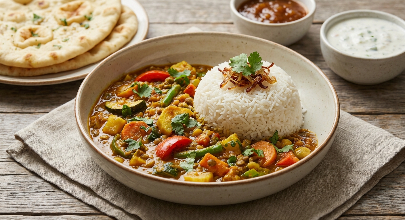 Vegetable Curry with Lentils and Basmati Rice