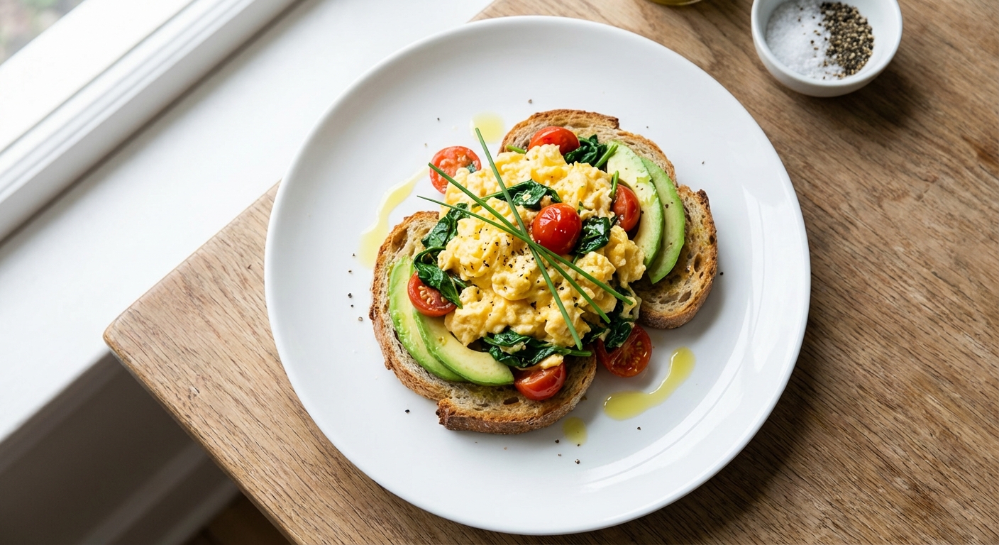 Scrambled Eggs with Spinach, Tomato & Avocado on Gluten-Free Toast