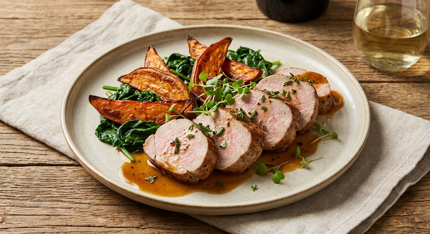 Pork Tenderloin with Roasted Sweet Potato Wedges & Sautéed Spinach