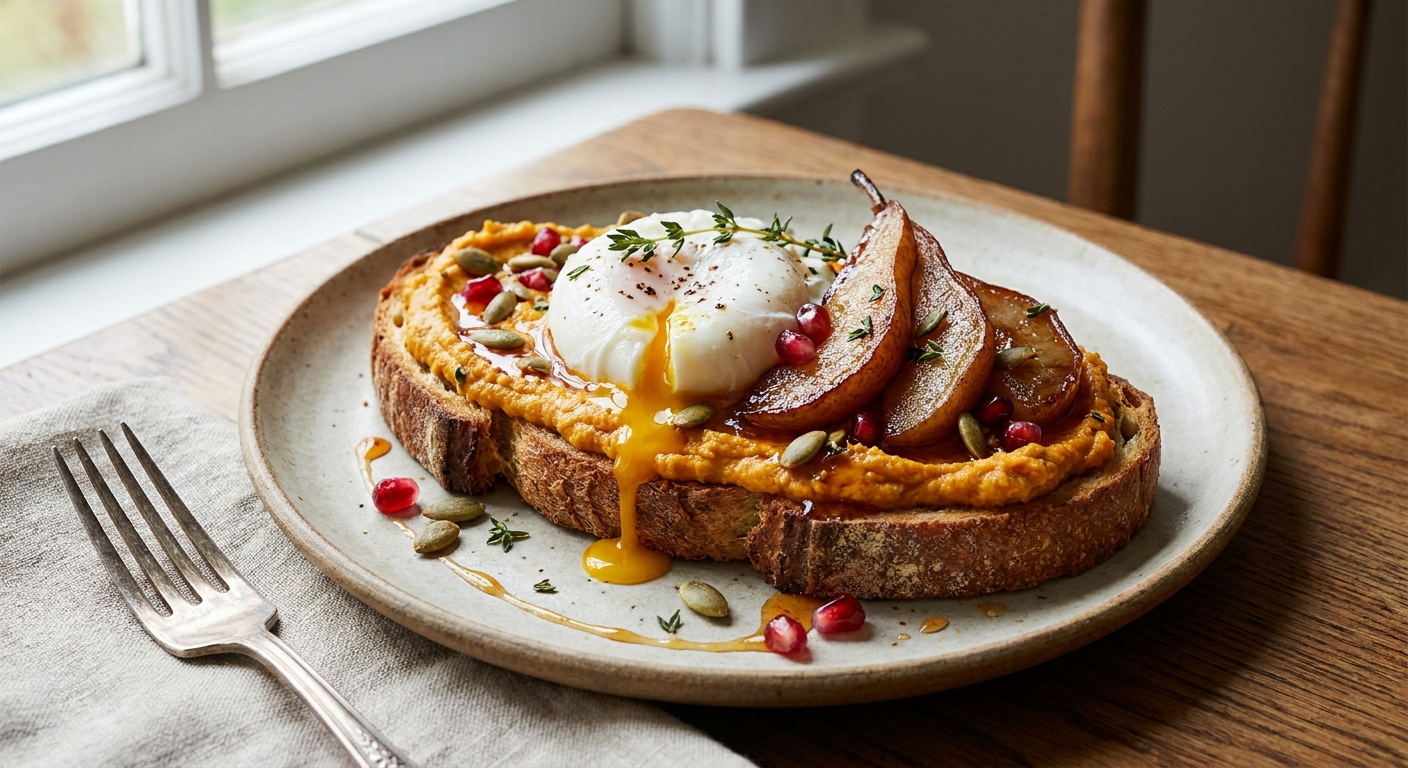 Skillet-Spiced Pumpkin Ricotta Toast with Poached Egg, Caramelized Pear & Chili-Honey