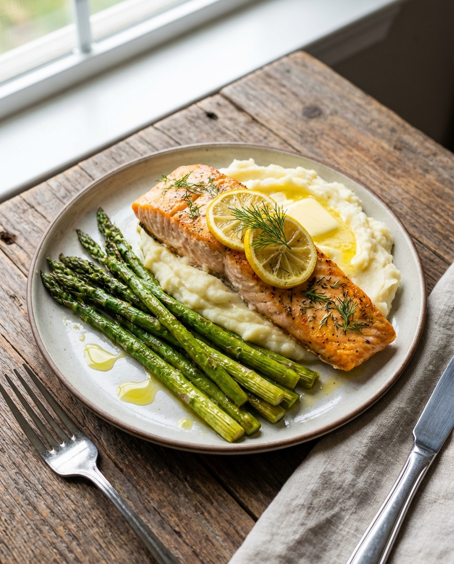 Baked Lemon-Dill Salmon with Garlic Mashed Potatoes and Roasted Asparagus
