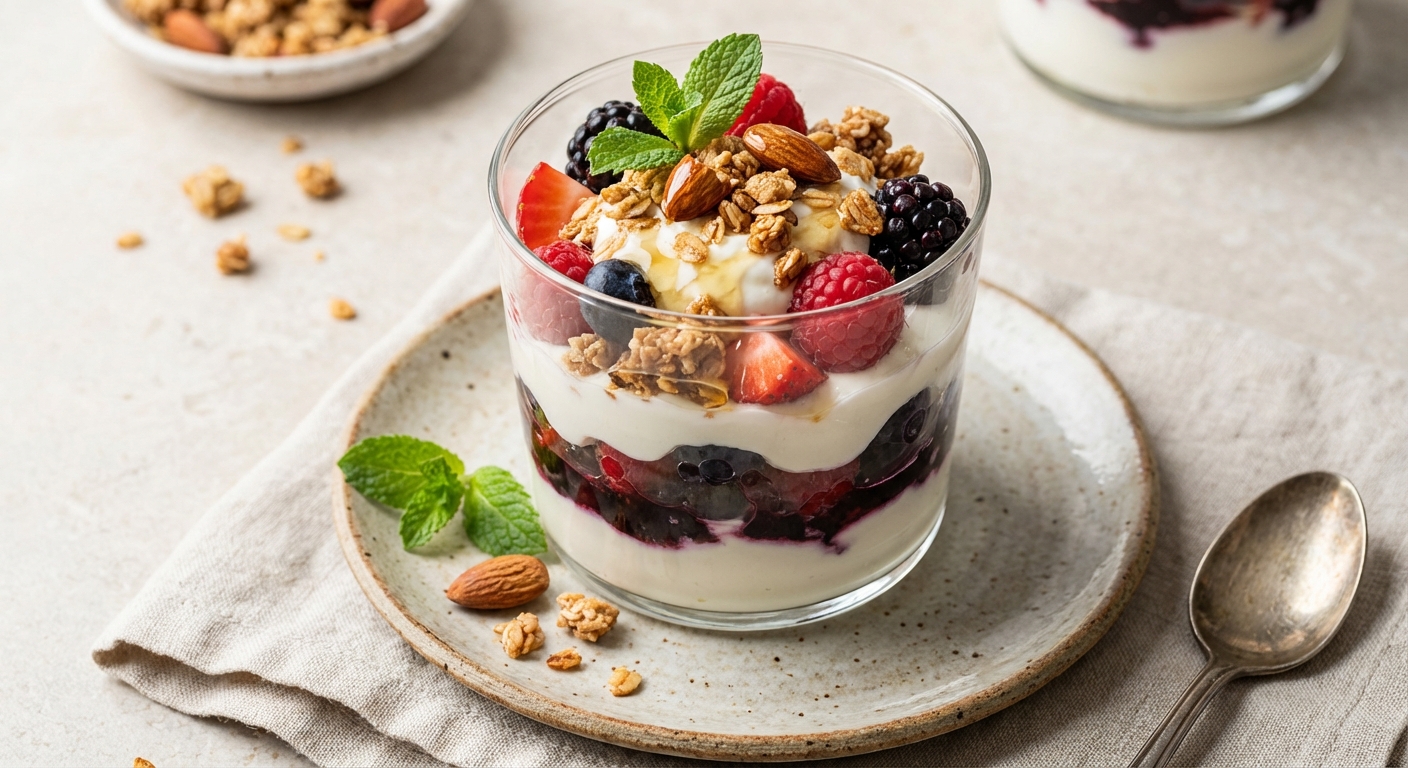 Greek Yogurt Berry Parfait with Granola & Almonds