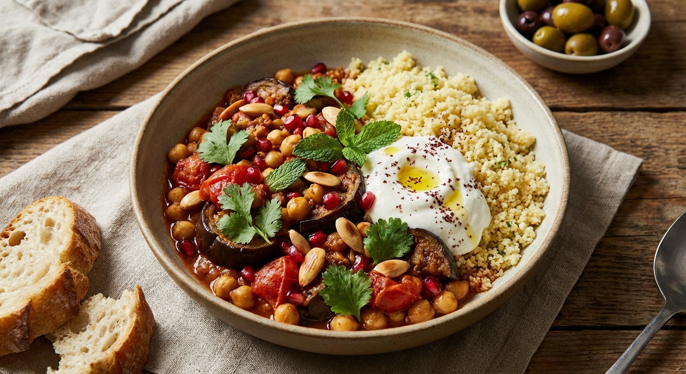 Roasted Eggplant & Chickpea Tagine with Herbed Couscous and Yogurt
