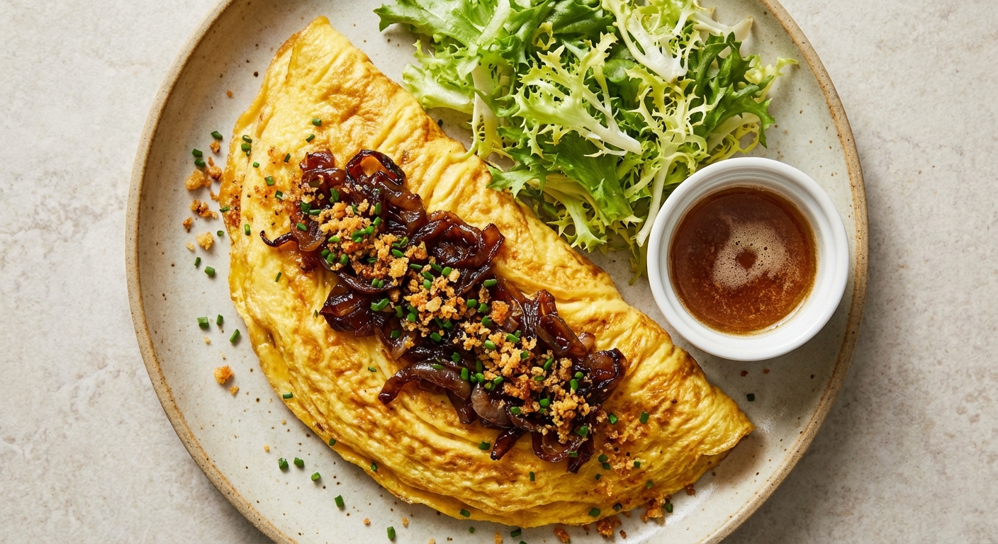 French-Style Brown-Butter Omelette with Caramelized Onion & Crispy Garlic Breadcrumbs