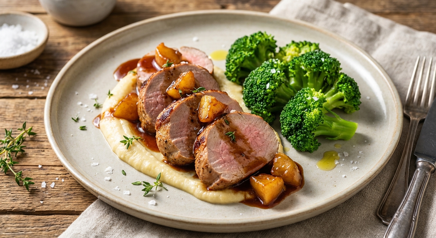 Pork Tenderloin with Apple-Balsamic Reduction and Steamed Broccoli