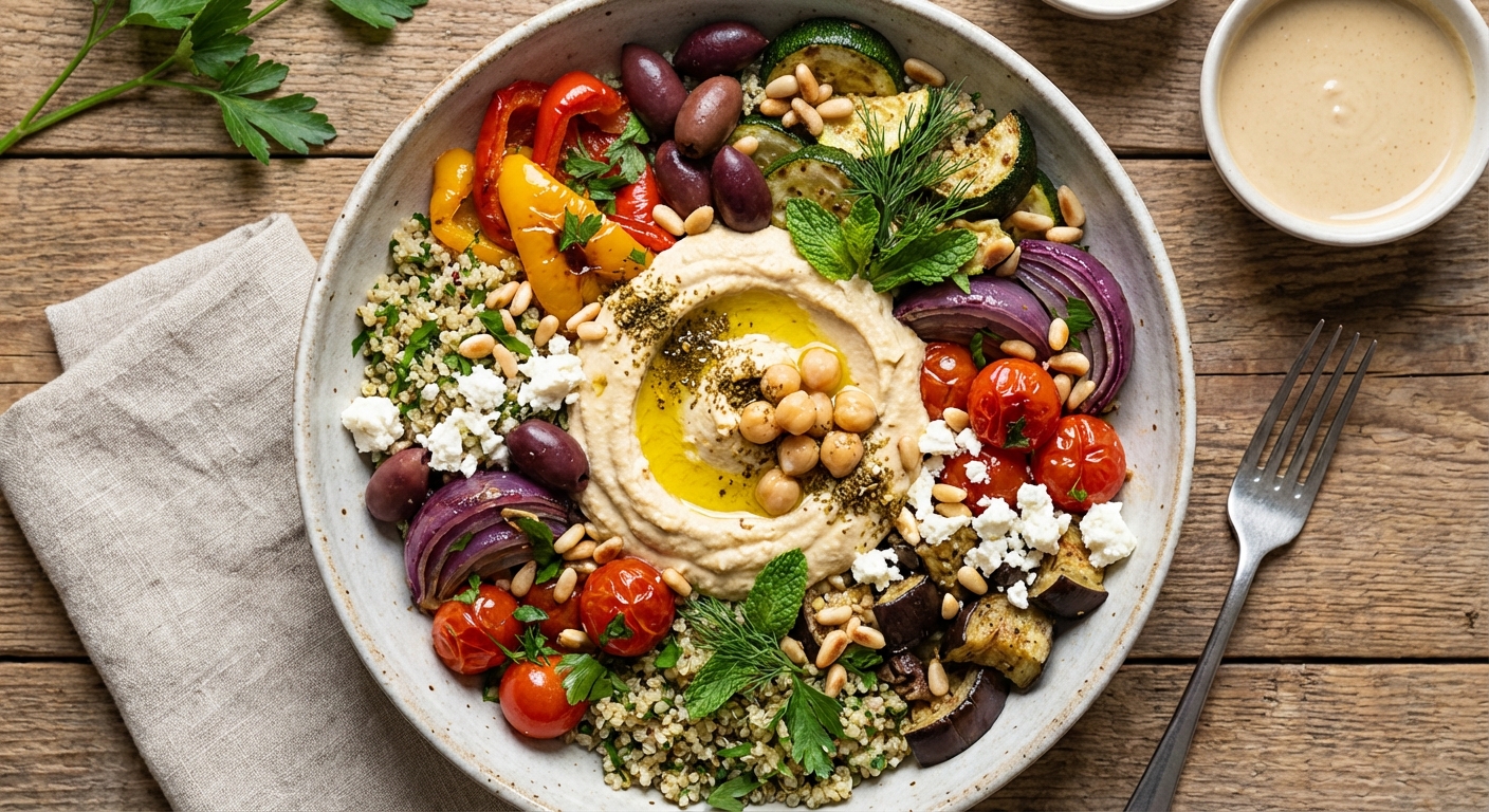 Mediterranean Quinoa Bowl with Hummus & Roasted Veg