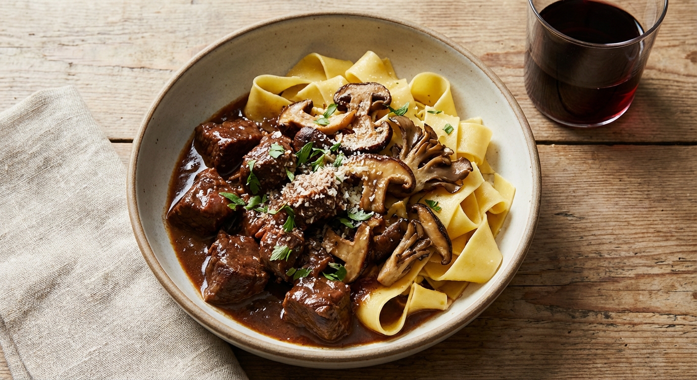Quick Braised Steak Tips with Pappardelle & Winter Mushrooms