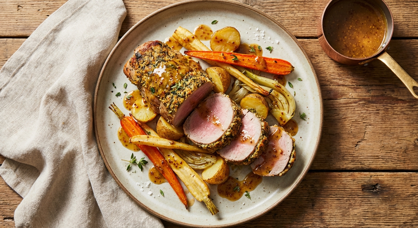 Roasted Herb-Crusted Pork Tenderloin with Root Vegetables & Mustard Pan Sauce