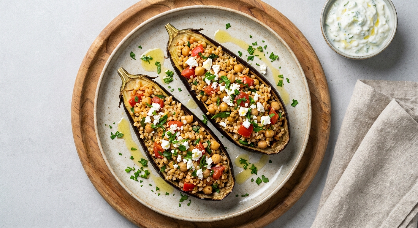 Baked Stuffed Eggplants with Chickpeas and Bulgur