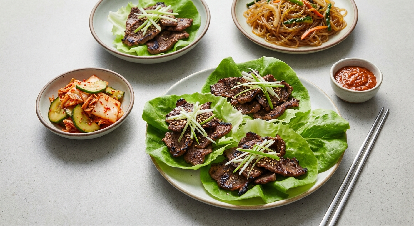 Korean-Style Bulgogi Beef Lettuce Wraps with Quick Kimchi-Cucumber Salad & Sweet Potato Noodles