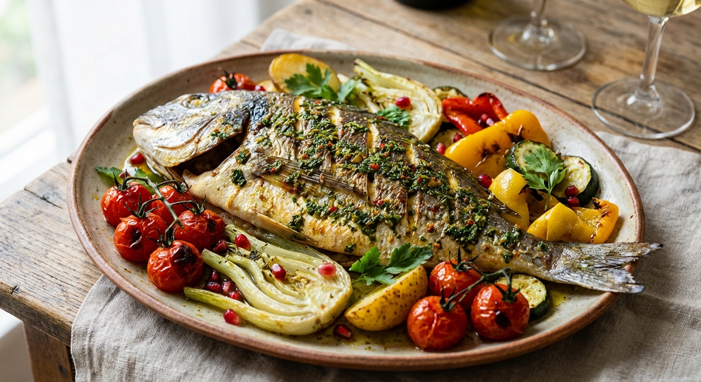 Baked Sea Bream with Chermoula and Roasted Vegetables