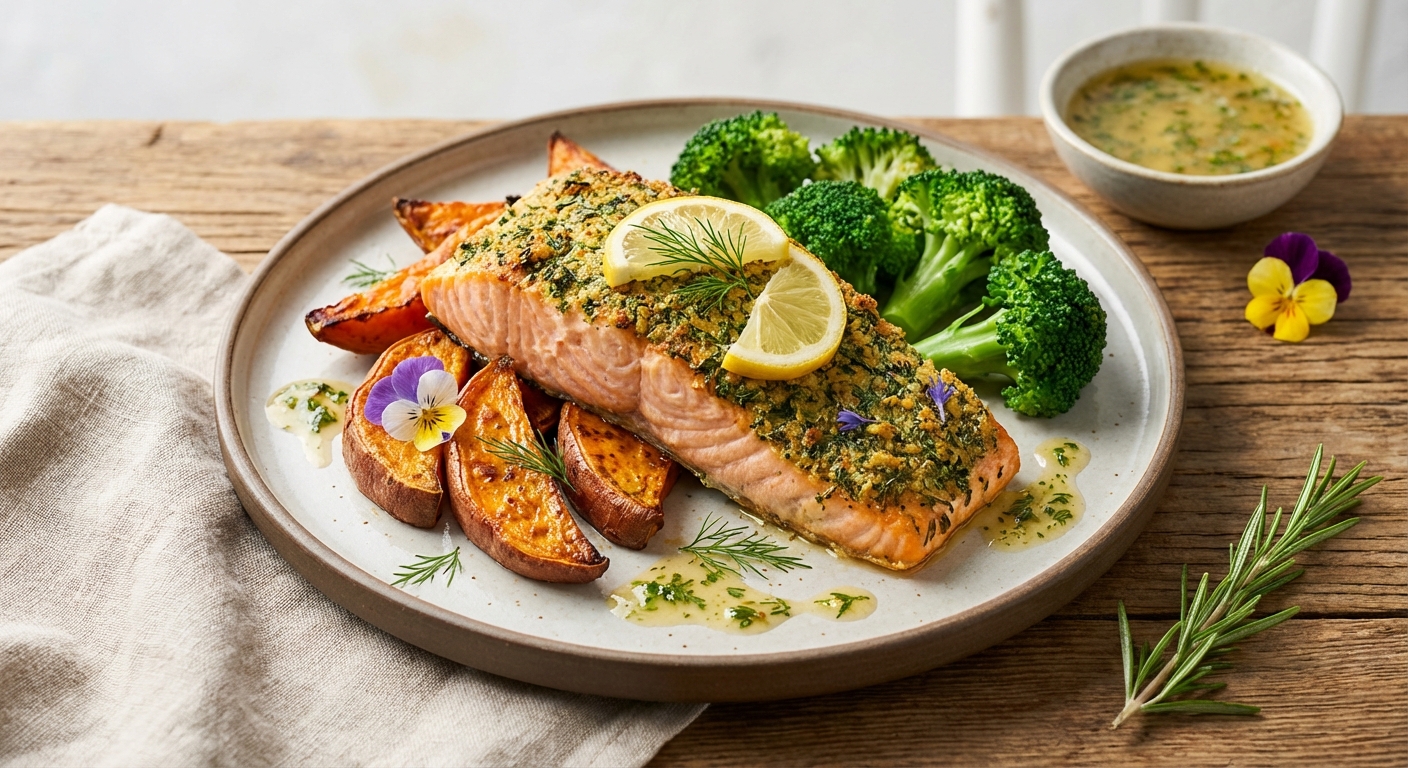 Baked Salmon with Roasted Sweet Potato & Steamed Broccoli