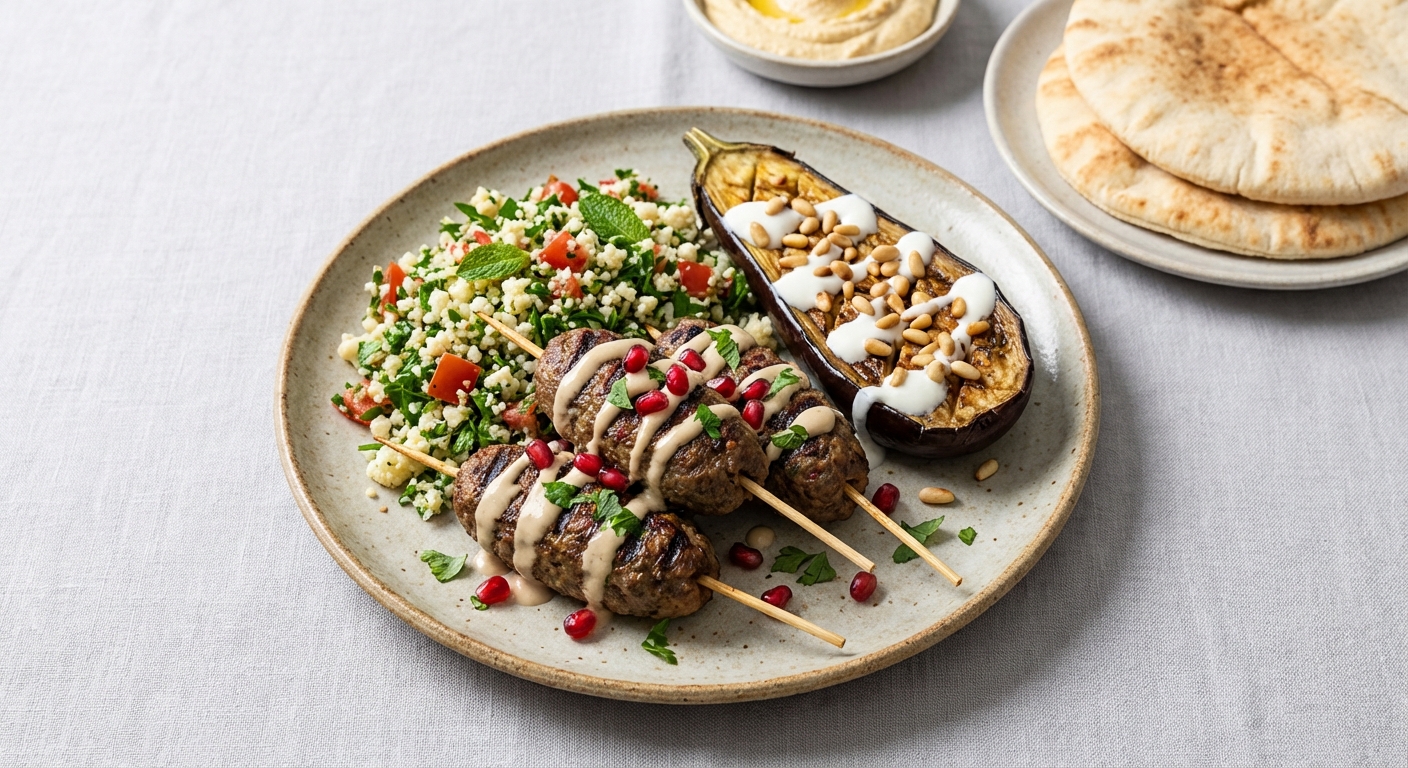 Lamb Kofta, Cauliflower Tabbouleh, and Roasted Eggplant
