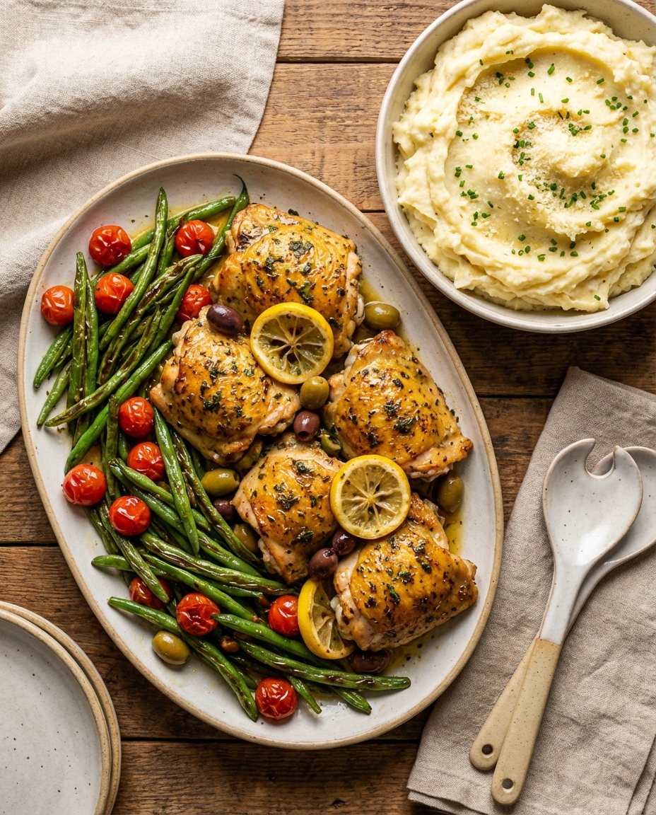 Mediterranean Lemon-Herb Roast Chicken Thighs with Parmesan Garlic Mashed Potatoes & Roasted Green Beans (Family-Style for 6)