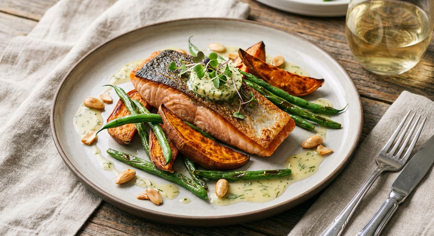 Pan-seared Salmon with Roasted Sweet Potatoes & Green Beans