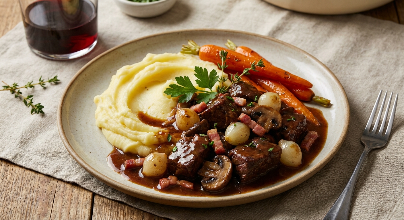 Beef & Mushroom Bourguignon with Creamy Mashed Potatoes and Braised Carrots