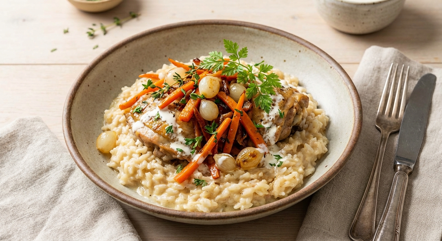 Creamy Chicken and Rice with Carrot-Onion Medley