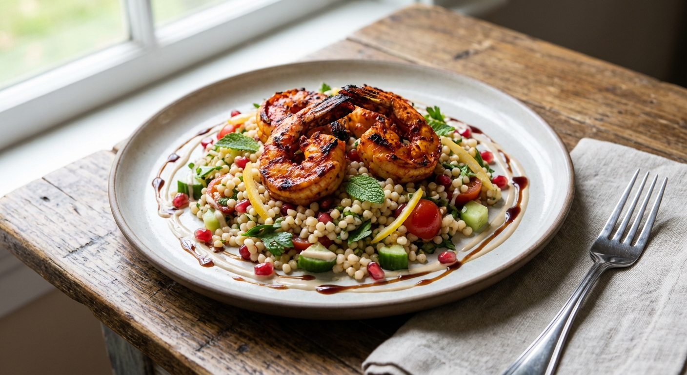 Harissa-Grilled Shrimp & Israeli Couscous Salad with Pomegranate and Preserved Lemon