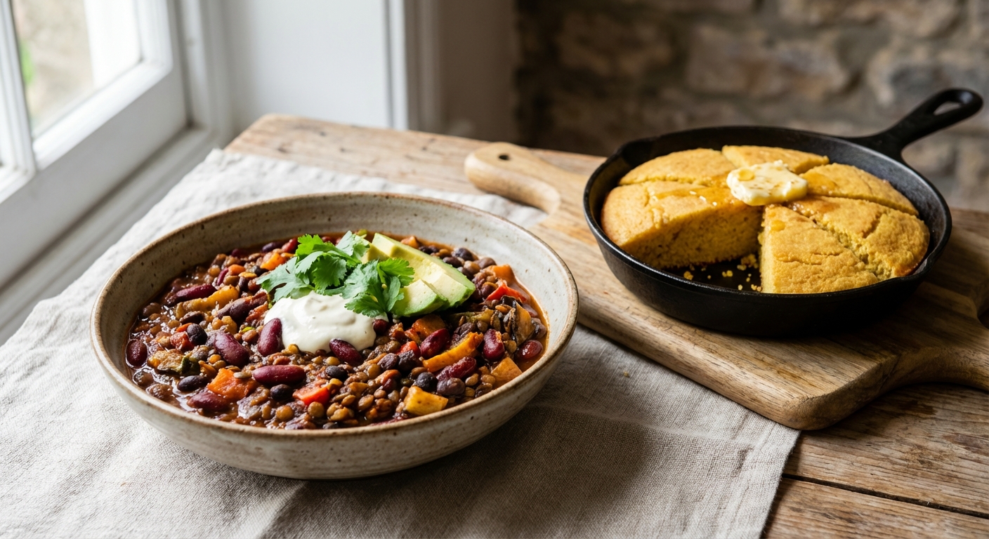 Vegetarian Mixed Bean and Lentil Chili with Cornbread