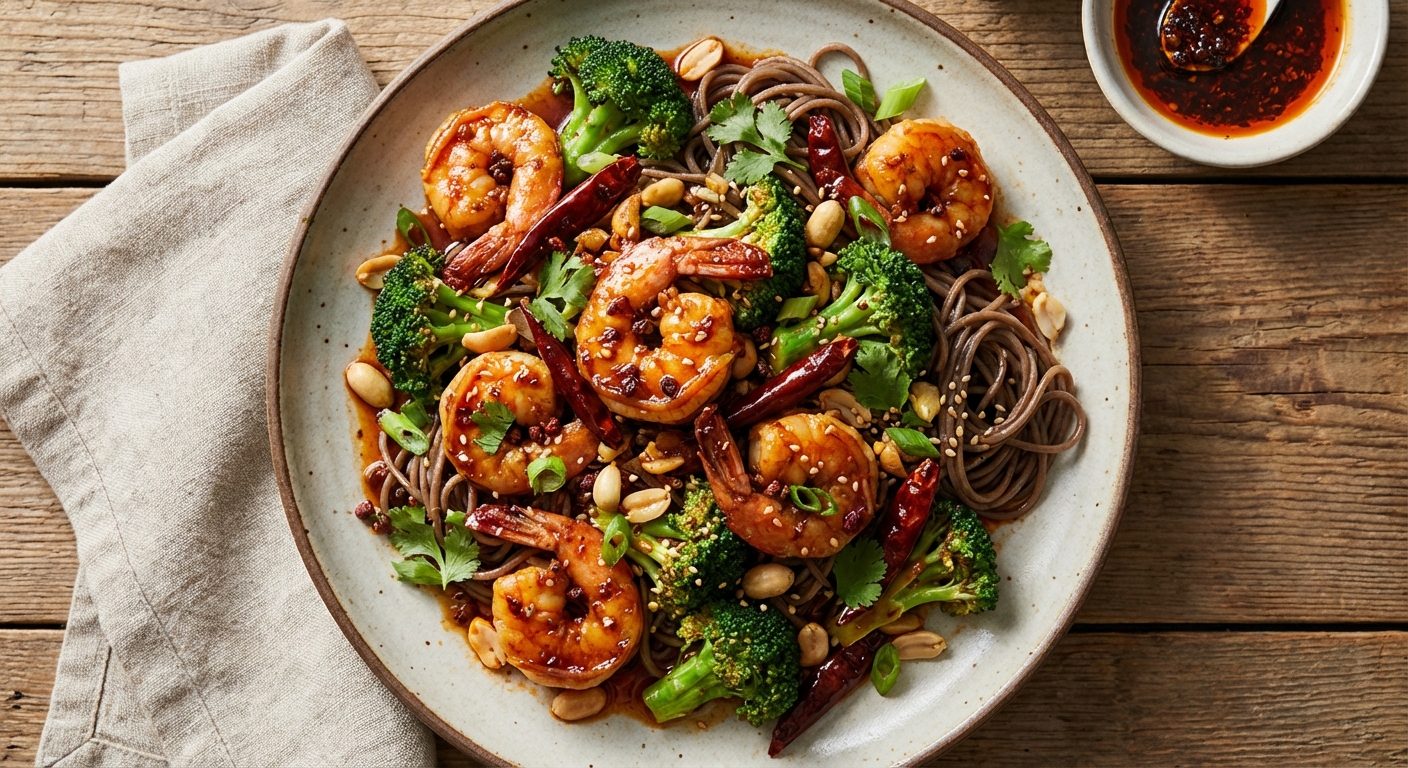 Sichuan-Style Spicy Garlic Shrimp Stir-Fry with Buckwheat Soba & Broccoli