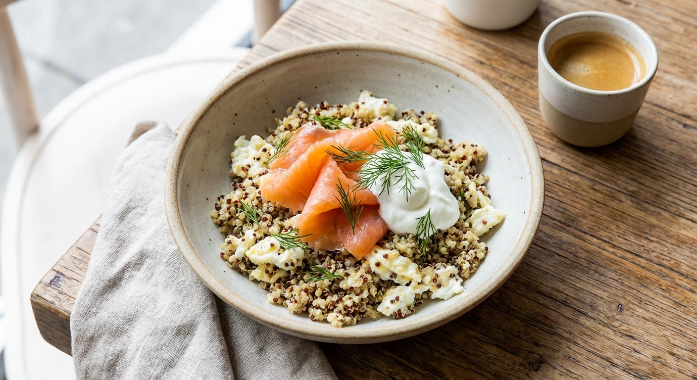 Protein-Packed Quinoa & Egg White Breakfast Bowl with Smoked Salmon and Lemony Greek Yogurt
