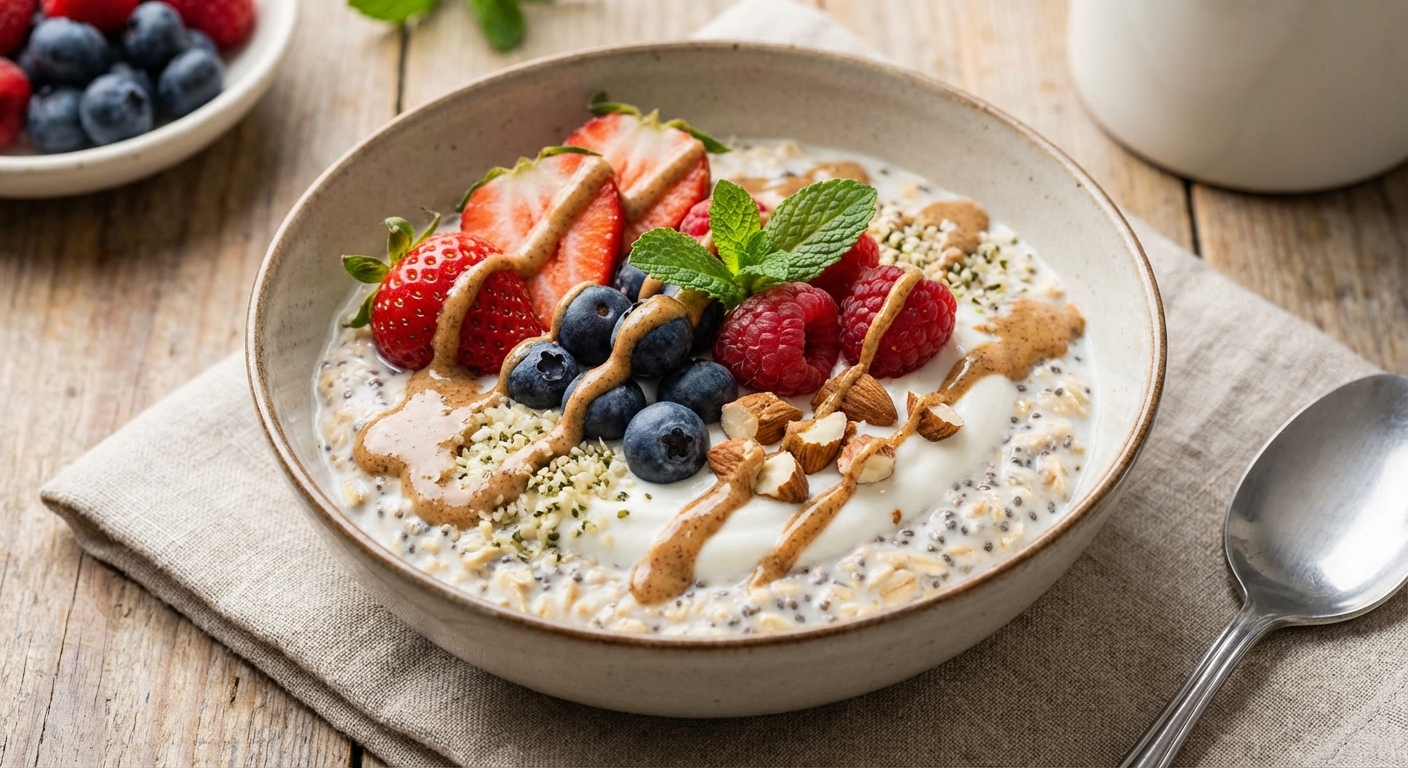American-Style Overnight Oats with Berries & Almond Butter