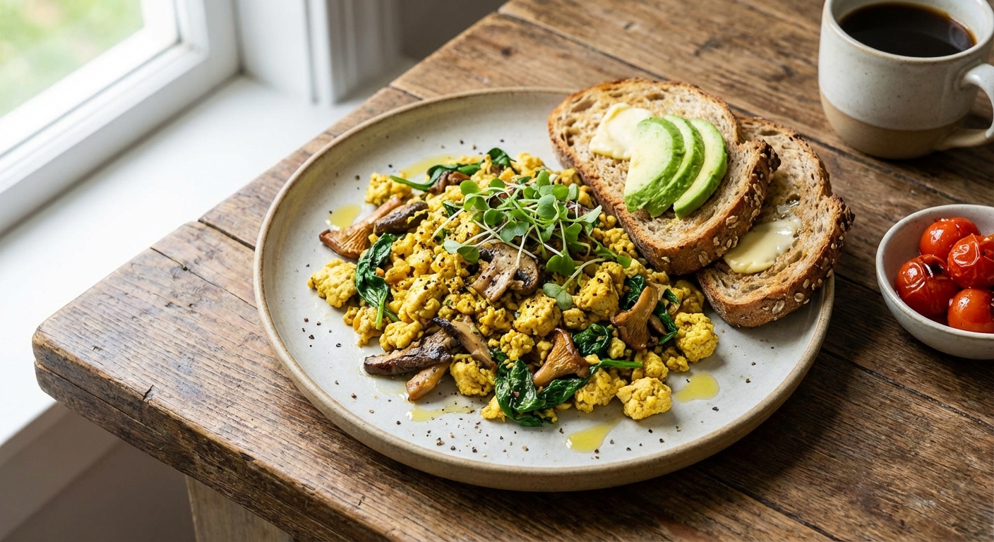 Tofu Scramble with Mushrooms, Spinach, and Whole-Grain Toast