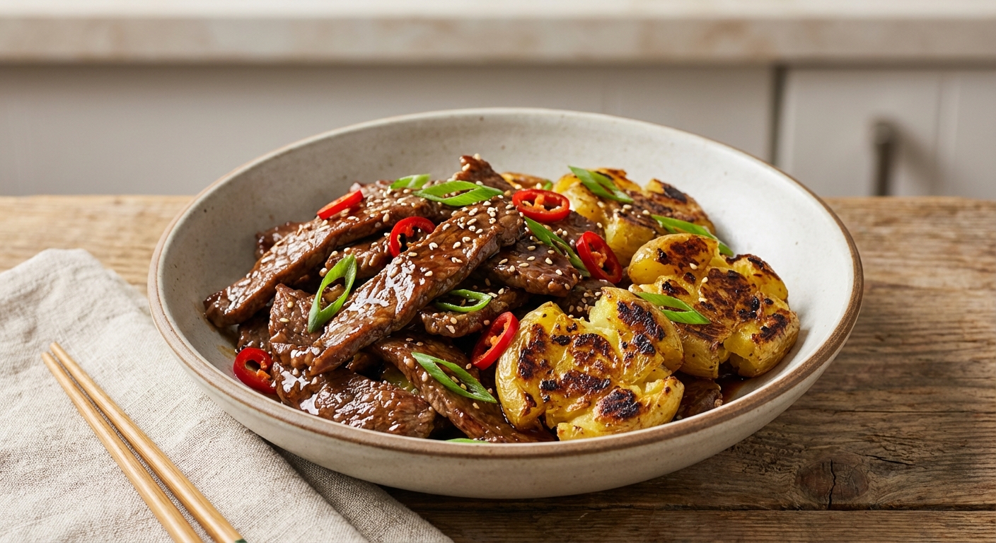 Soy-Garlic Beef & Crispy Smashed Potatoes Stir‑Fry