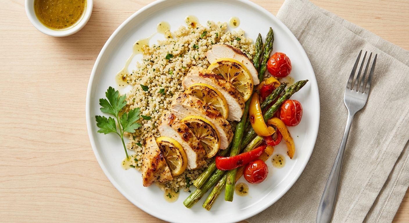 Grilled Lemon Chicken & Quinoa Salad with Roasted Veg