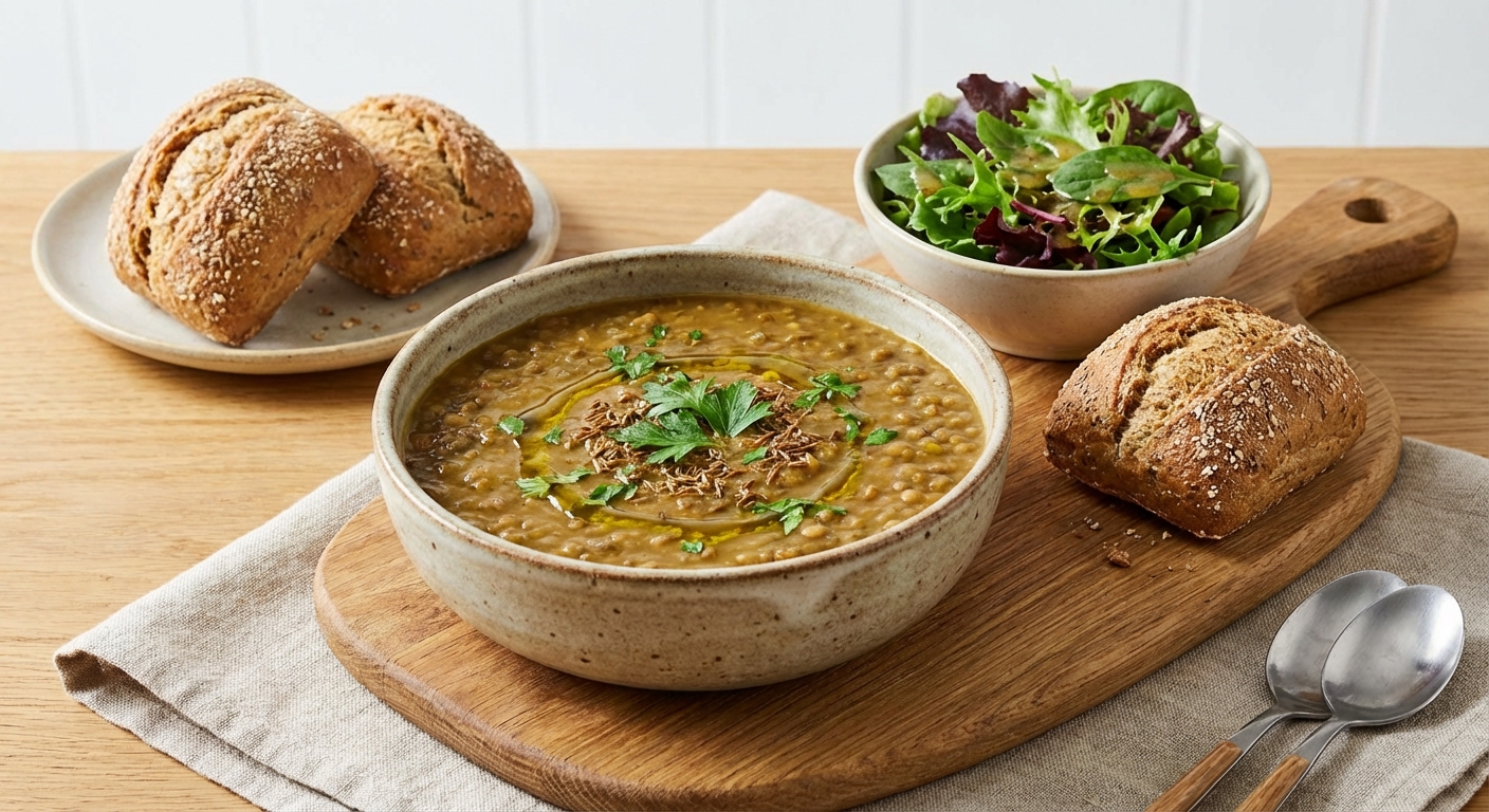 Hearty Lentil Soup with Whole-Grain Rolls & Side Salad